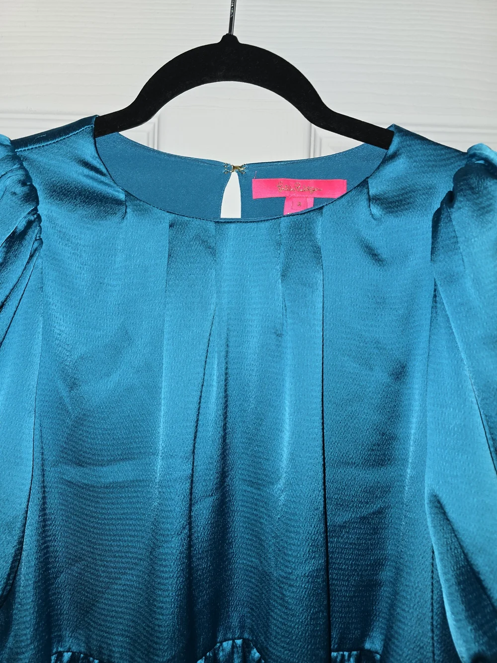 Lilly Pulitzer Women’s Teal Satin Peplum Blouse - Elegant Short Sleeve Size 2